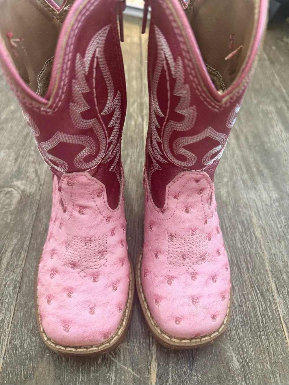 ROPER TODDLER PINK OSTRICH PRINT WITH DARK PINK SQUARE TOE COWBOY BOOTS